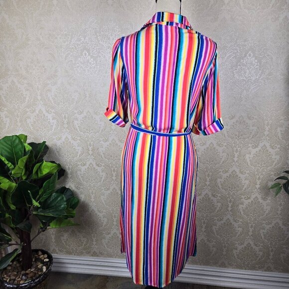 C Size Small Midi Length Multi Color Striped Dress Pockets Belt Button Front - Picture 9 of 13